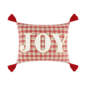 Home for Christmas Red JOY Plaid Applique with Corner Tassels 14 in. x 18 in. Throw Pillow