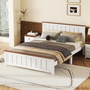 White Wood Frame Queen Size Vintage Platform Bed with Rectangular Headboard and Footboard