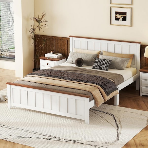 Harper & Bright Designs White Wood Frame Queen Size Vintage Platform Bed with Rectangular Headboard and Footboard