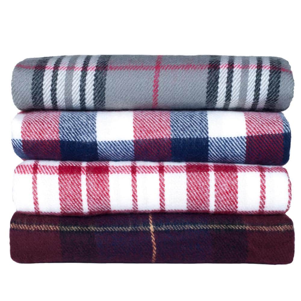 Blue and Red Plaid Wool Throw Blanket with Tassels