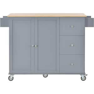 Oasis Grey Blue Wood 52.76 in. Kitchen Island with Solid Wood Top and Locking Wheels, Storage Cabinet