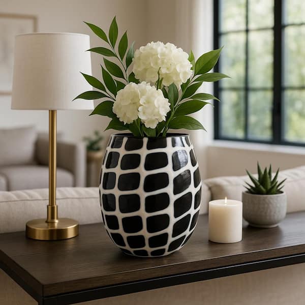 12 in. Black and White Glass Round Decorative Vase