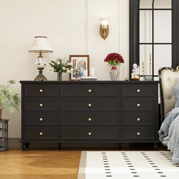 FUFU&GAGA 63 in. L Black Rectangle Wooden Console Table Entry Table with 12-Drawers, Wooden Legs, European Style
