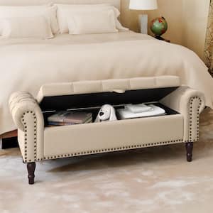 Cerella 50 in.Wheat Tufted Fabric Upholstered Storage Bedroom Bench Rolled Arm Button Tufted Storage Ottoman