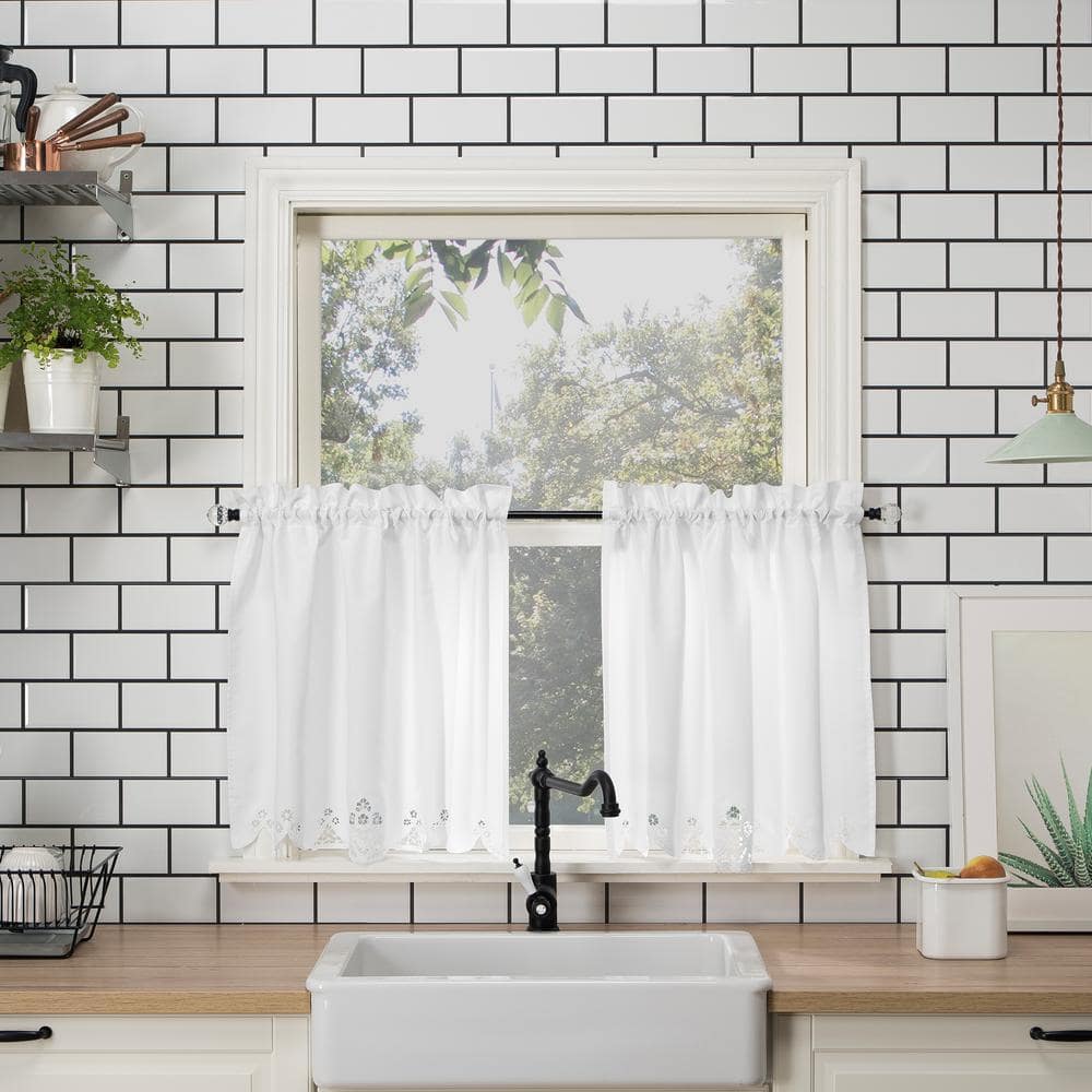 Mariela White Floral Trim Semi-Sheer Kitchen Curtain Set