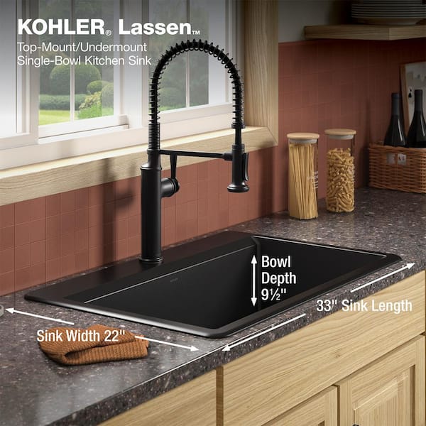 KOHLER Lassen 33 in. Drop-in/Undermount Single Bowl Granite Composite Kitchen Workstation Sink in Matte Black with Faucet