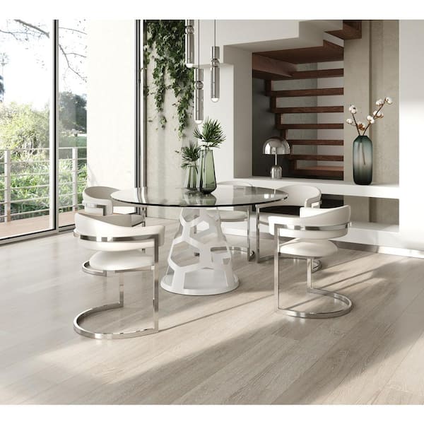Lilly Modern White Glass 59 in. Pedestal Dining Table Seats 6