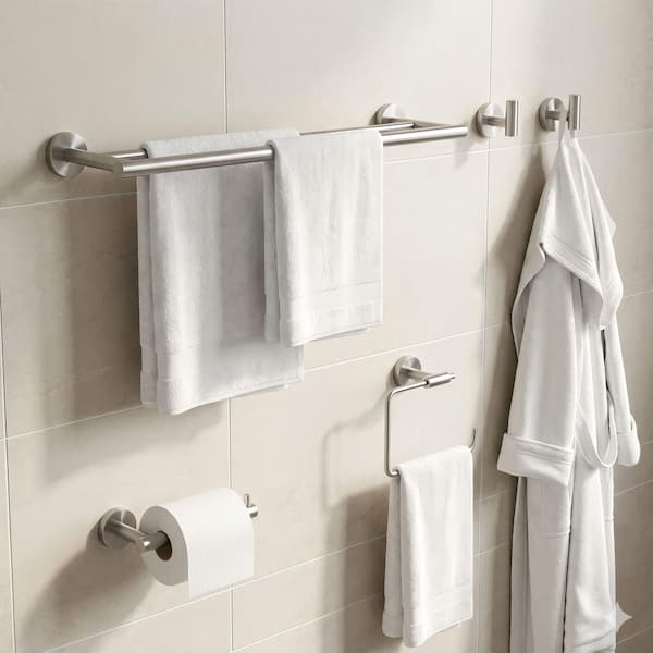 Wall Mounted 5 -Piece Bath Hardware Set with Double Towel Bar Toilet Paper Holder Towel Hook in Brushed Nickel