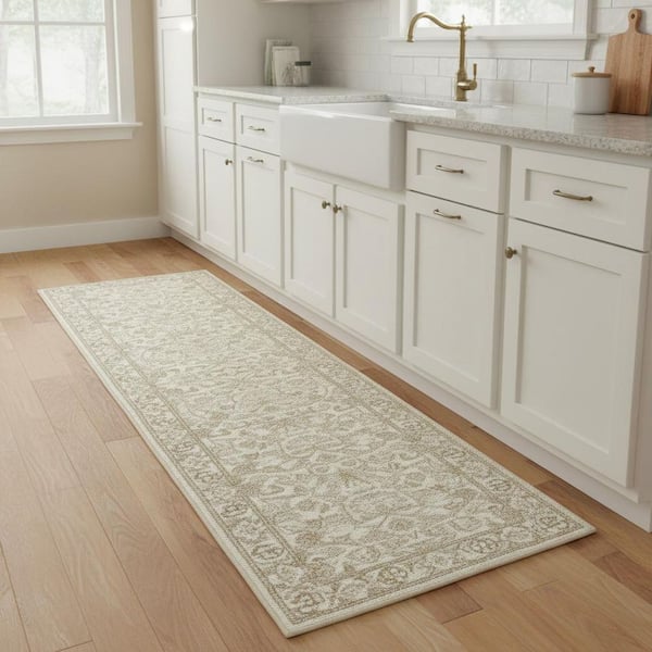 8' Brown Floral Washable Runner Rug