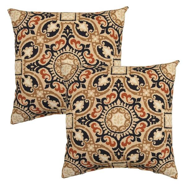 Hampton Bay Charcoal Medallion Square Outdoor Throw Pillow (2-Pack)
