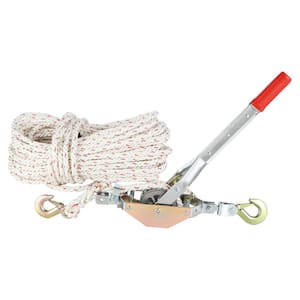 Rope Puller, 3/4 T (1,653 lbs.) Pulling Capacity, with 100ft. of 0.6 in. Dia Rope, 2 Hook, Come Along Winch, Heavy Duty