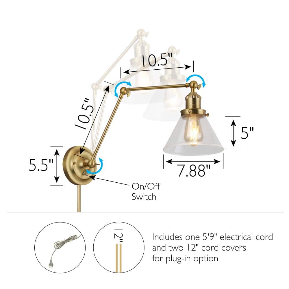 Satin Gold Swing Arm Wall Sconce with Clear Glass Shade