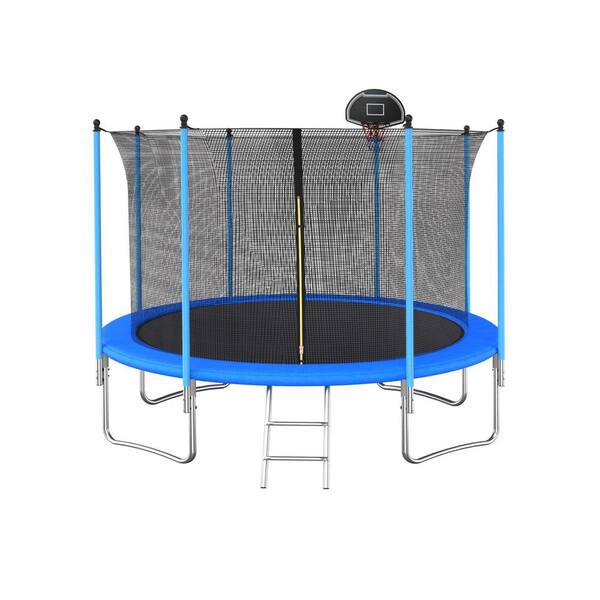 SUNRINX 10 ft. Blue Round Trampoline with Safety Enclosure Net and Basketball Hoop