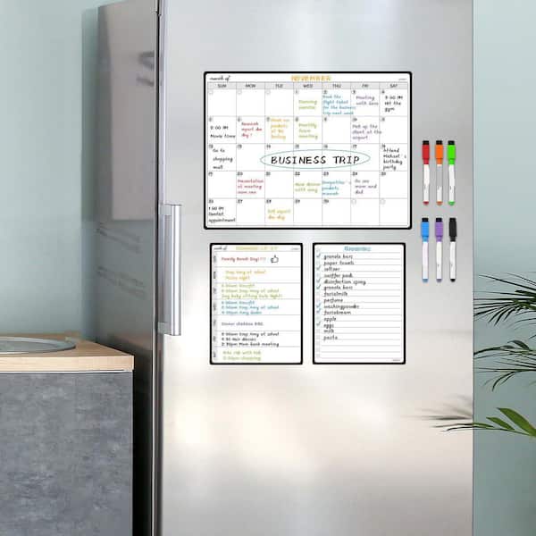 3-Pack Magnetic Monthly Calendar Whiteboard Set for Fridge with 2-Notepad Whiteboards and 6-Markers - 14.5 x 11 in.