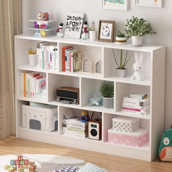 FUFU&GAGA 41.3 in. H x 55.1 in. W White Wood 10-Shelf Freestanding Standard Bookcase Display Bookshelf With Cubes