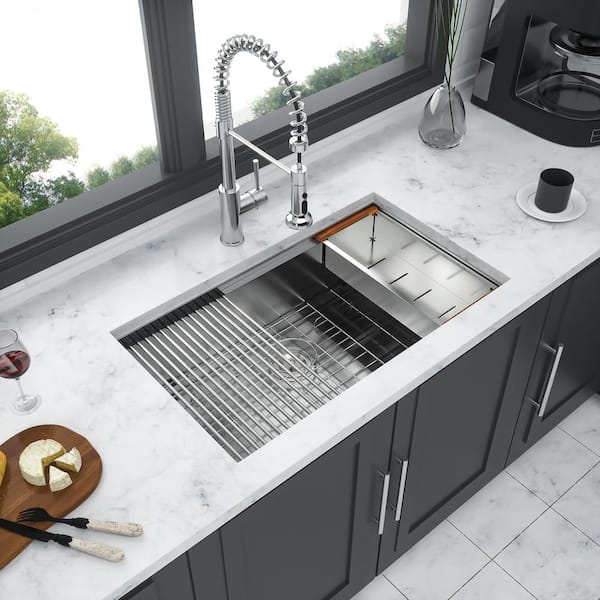 Staykiwi 33 in. Undermount Single Bowl 16-Gauge Brushed Nickel Stainless Steel Kitchen Sink with Workstation