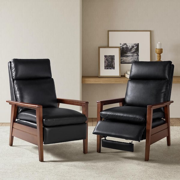JAYDEN CREATION Paul Black Mid-Century Modern Vegan Leather Upholstered Solid Wood Recliner Set of 2
