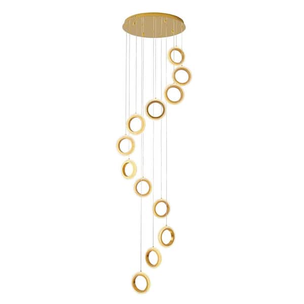 OUKANING 12-Light Dimmable Integrated LED Gold Modern 12 Rings Chandelier with Adjustable Height and Remote for Living Room