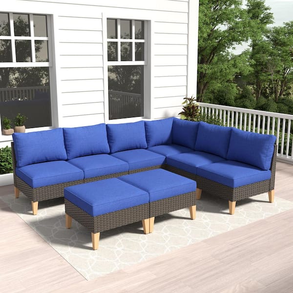 Gymojoy Chic Relax Brown 8-Piece Wicker Patio Corner Couch Outdoor Sectional Sofa with CushionGuard Blue Cushions with Ottomans