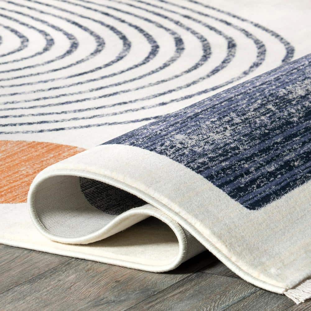 Beige Abstract Synthetic Washable Area Rug with Fringe