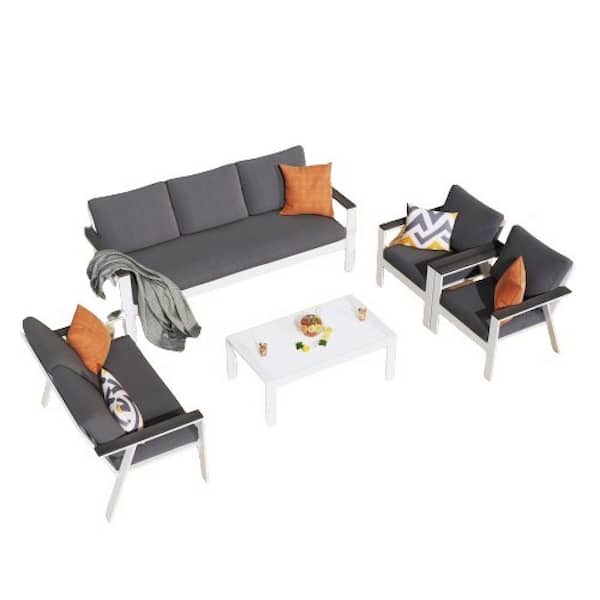 ITOPFOX 5-Pcs. Aluminum Outdoor Sectional Set with Gray Cushions 1 3-Seater/1 2-Seater/2 Single-Seater/Coffee Table