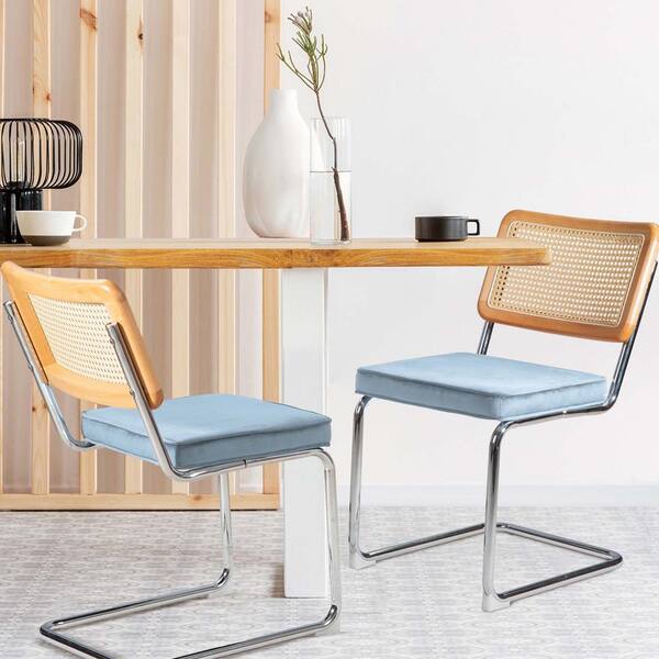 Zeus & Ruta Outdoor Metal Lounge Chair With Sky Blue Cushion, Chrome Metal Base, Natural Rattan Backrest Set of 2