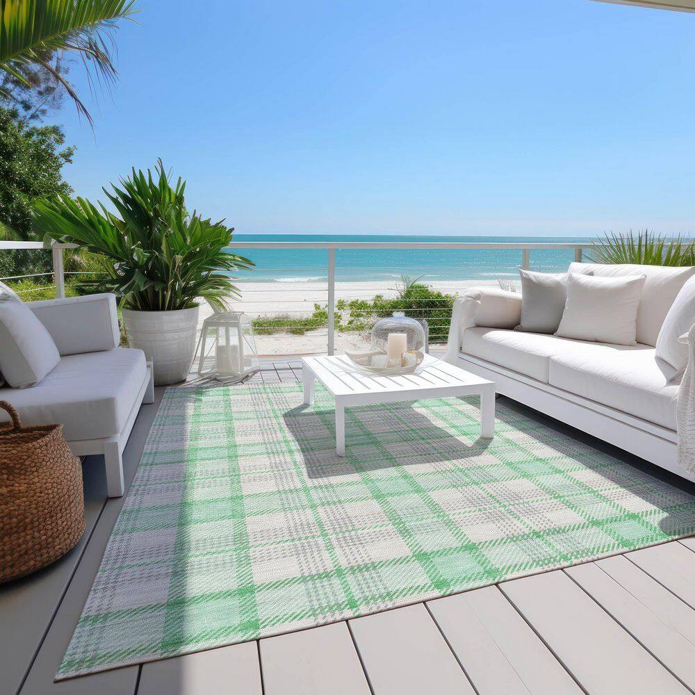 Green and White Plaid Indoor Outdoor Area Rug, 8' x 10'