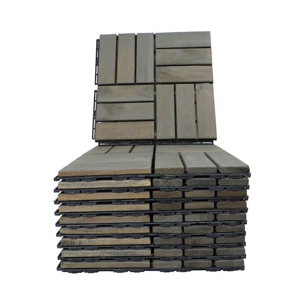 Tunearary 12 in. x 12 in. Square Wood Interlocking Gray Flooring Tiles Checker Pattern for Patio Garden Deck (10 Tiles)