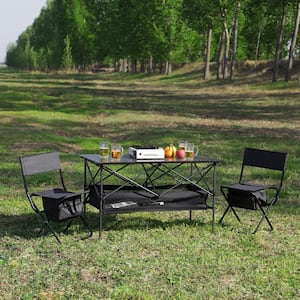 3-Piece Outdoor Steel and Black Oxford Cloth Folding Camping Chairs with Folding Rectangular Table