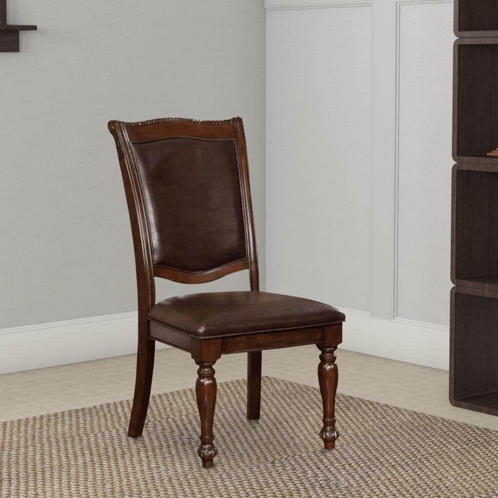 Espresso Faux Leather Traditional Carved Side Chair in Brown