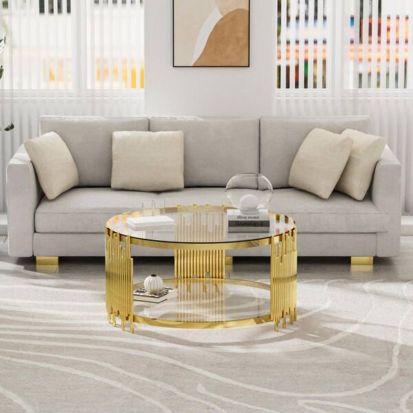 35 in. Clear Round Glass Coffee Table with Tempered Glass&Gold Legs, 2-Tier Stainless Steel Center Table for Living Room