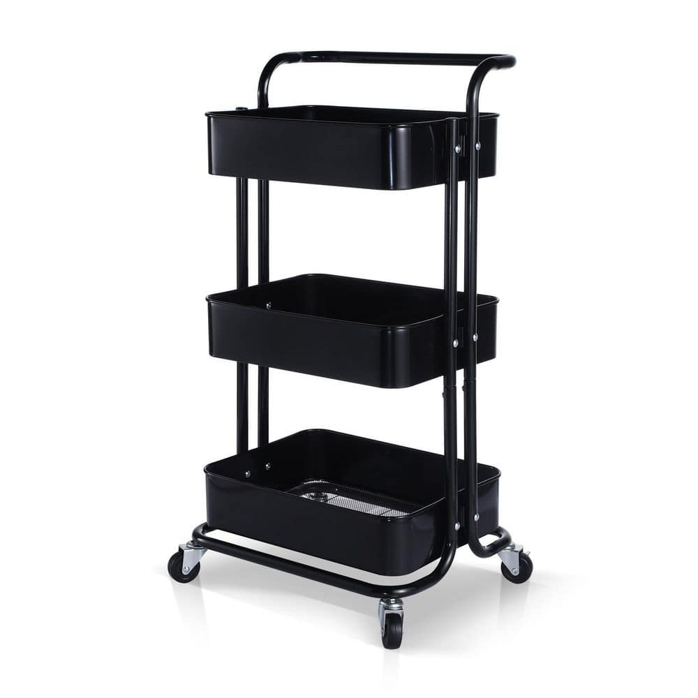 Kahomvis 3-Tier Metal Storage Rolling Utility Cart Heavy Duty Craft Cart  with Wheels and Handle in Black Mile-LKD0-4RPY - The Home Depot