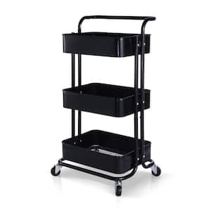 3-Tier Metal Storage Rolling Utility Cart Heavy Duty Craft Cart with Wheels and Handle in Black