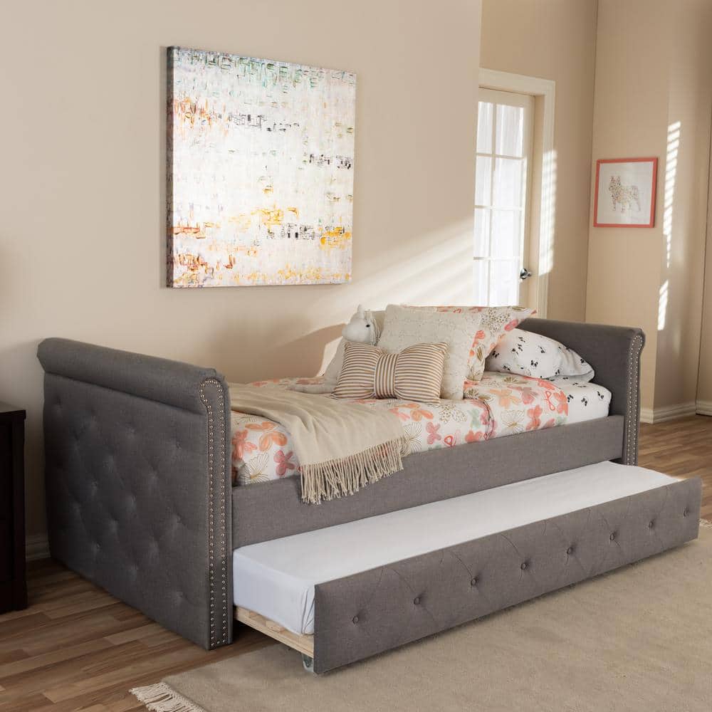 Gray Twin Upholstered Daybed with Tufted Nailhead Trim and Trundle