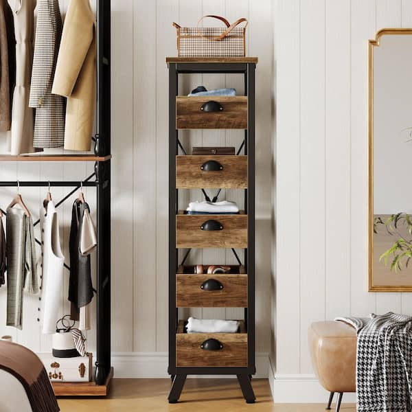 Pealaa 45 in. Tall Rustic Brown 5-drawer Chest of Drawers, Narrow Dresser Storage Chest for Bedroom, Small Space
