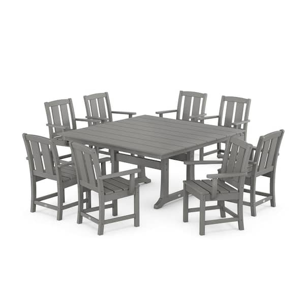POLYWOOD Mission 9-Piece Farmhouse Trestle Plastic Square Outdoor Dining Set in Slate Grey