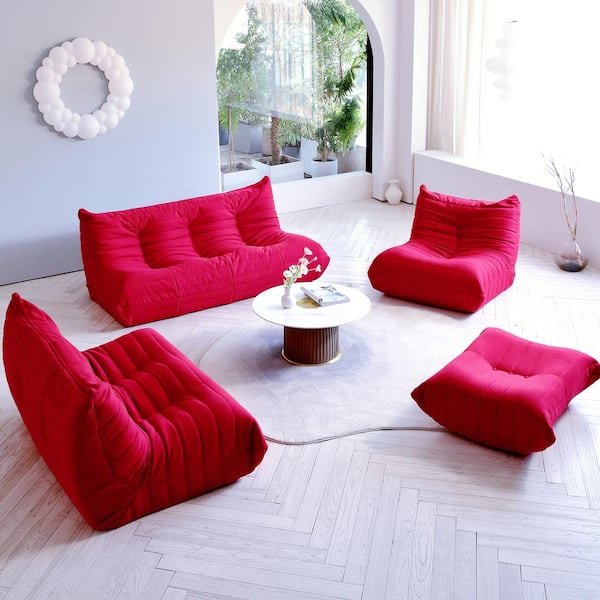 Magic Home Modular 4-Piece Bean Bag Teddy Velvet Top Thick Seat Living Room Lazy Sofa, Red