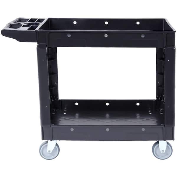 Utility Service Cart, 2 Shelf 550 LBS. Heavy Duty Plastic Rolling Utility Cart, 360° Swivel Wheels, Medium Lipped Shelf