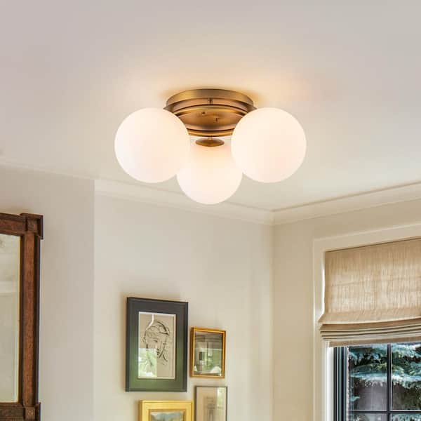 Lueck 18 in. 3-Light Gold Modern Semi Flush Mount Ceiling Light with Opal Glass