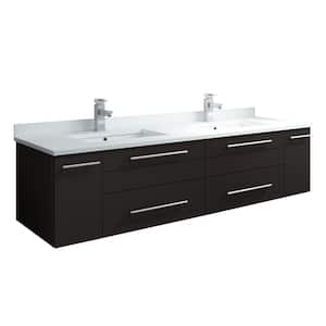 Lucera 60 in. W Wall Hung Bath Vanity in Espresso with Quartz Stone Double Sink Vanity Top in White, White Basins