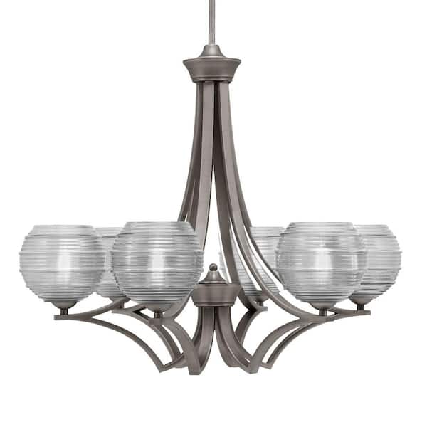Unbranded Clevelend 6-Light Graphite Round Chandelier with 6 in. Clear Ribbed Glass Shades, No bulbs included