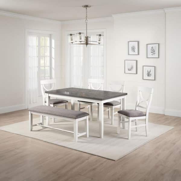 6-Piece Rectangle White and Gray Wood Top Dining Table Set Seats 6