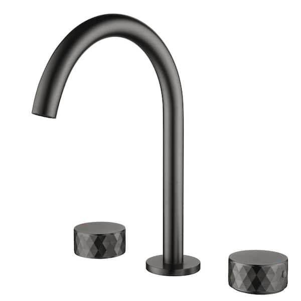 Fapully Deck Mount Double Handle High Arc Bathroom Faucet, 3-Holes Modern Bathroom Faucet in Gunmetal Gray