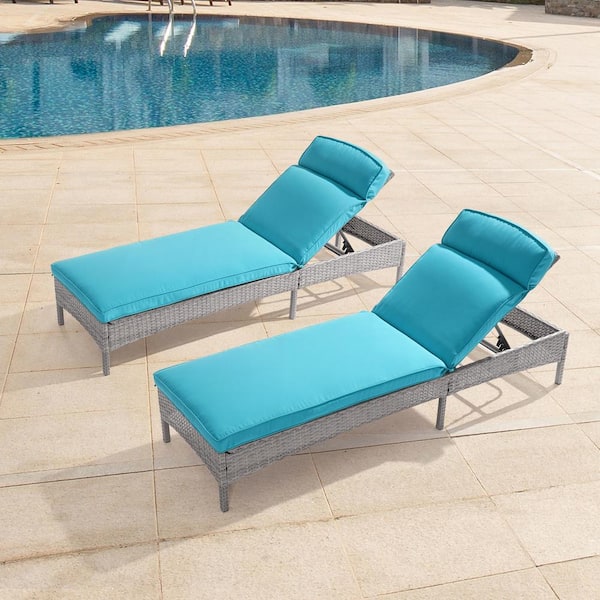 JOYESERY Wicker Outdoor Adjustable Height Chaise Recliner Chair with Lake Blue Cushions ( 2-Piece)