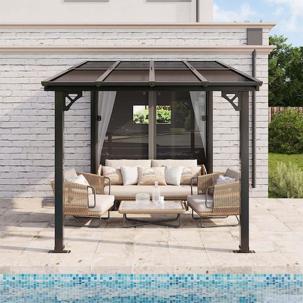 8 ft. x 10 ft. Wall-Mounted Sloped Roof Hardtop Gazebo with Polycarbonate Panels in Black