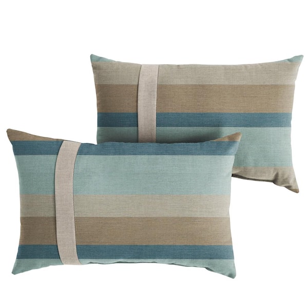 SORRA HOME Sunbrella Blue Taupe Stripe with Silver Grey Rectangular Outdoor Knife Edge Lumbar Pillows (2-Pack)