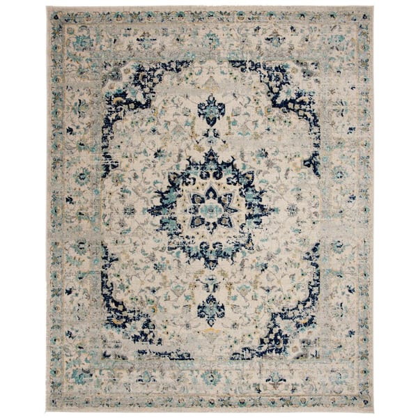 SAFAVIEH Madison Ivory/Blue 10 ft. x 14 ft. Border Floral Geometric Medallion Area Rug