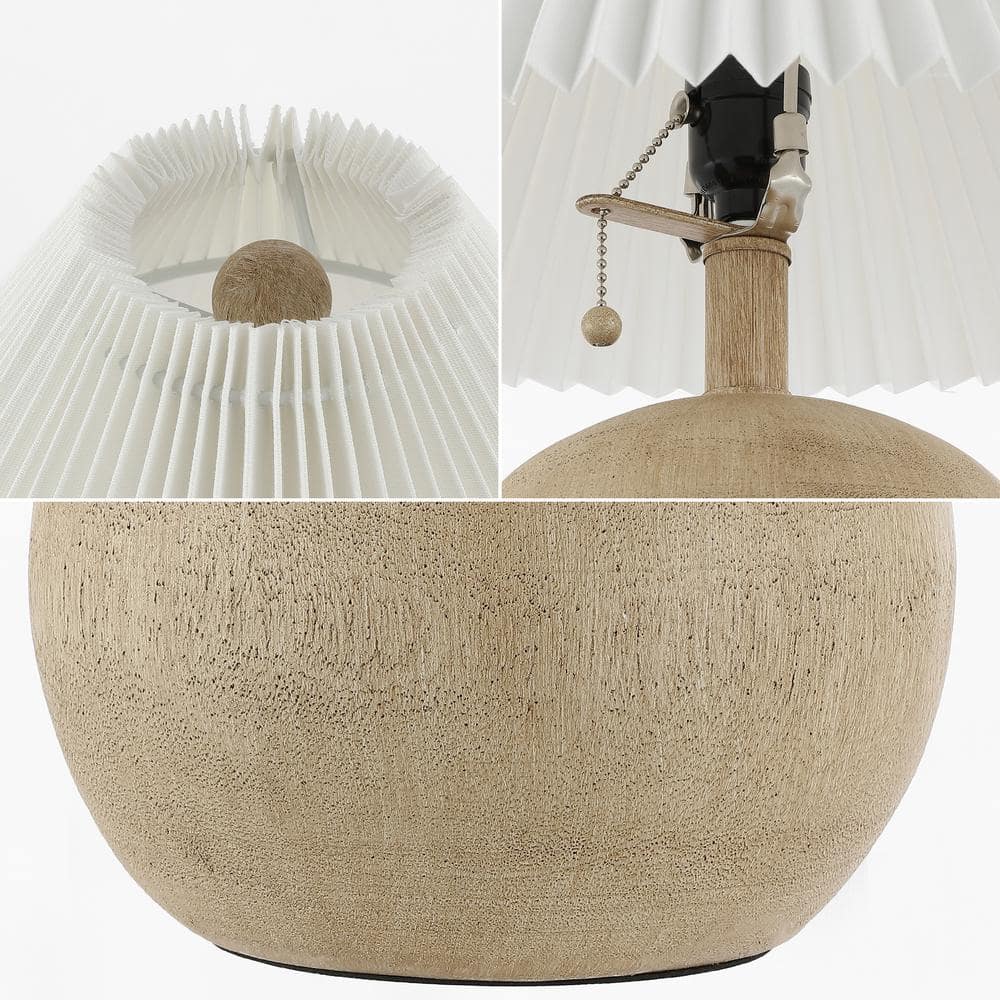 Beige Wood Finish Round Resin Bedside Table Lamp with Linen Shade
