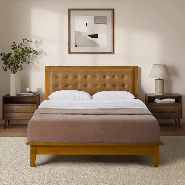 Javiera Brown 62.36"W Button-tufted Genuine Leather Solid Wood Queen Size Wood Platform Bed with Charging Port
