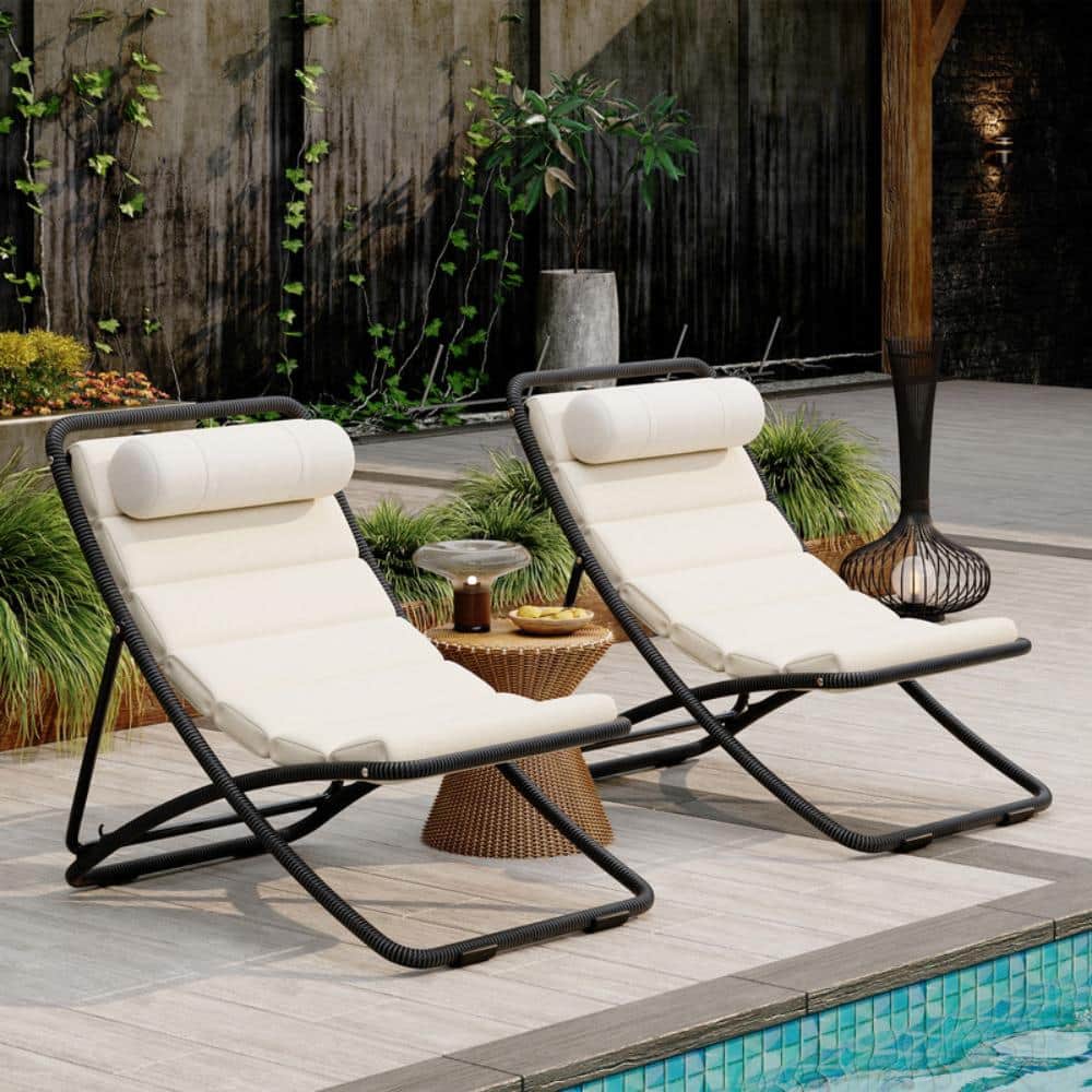 2-Piece Outdoor Folding Chair, Rattan-Wrapped Patio Lounge Chairs with Adjustable Backrest, Thick Cushion for Poolside price history on PriceWatchPro